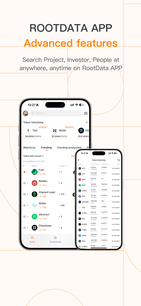 RootData - Top Crypto Database - RootData mobile app interface showing token unlocking schedules and trending crypto project rankings.