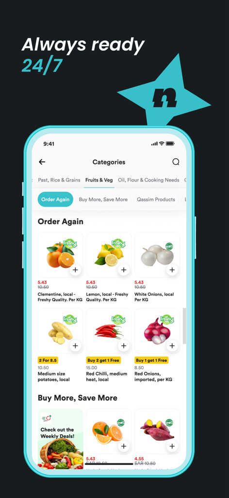 Mobile Ansicht der Ninja-App, die frische Obst- und Gemüsekategorien mit täglichen Angeboten und dem Text 24/7-Lieferung zeigt