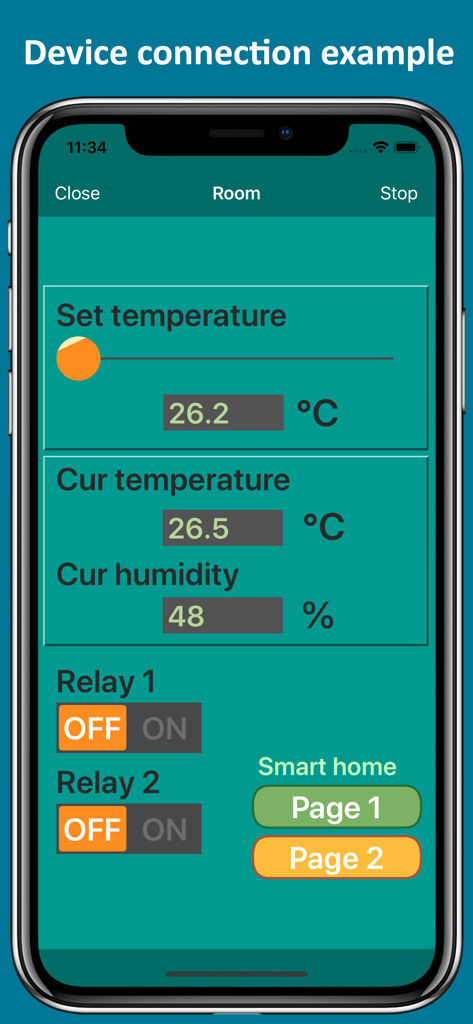 RemoteXY - Interfaz de la aplicación móvil RemoteXY que muestra controles de hogar inteligente para temperatura, humedad y relés