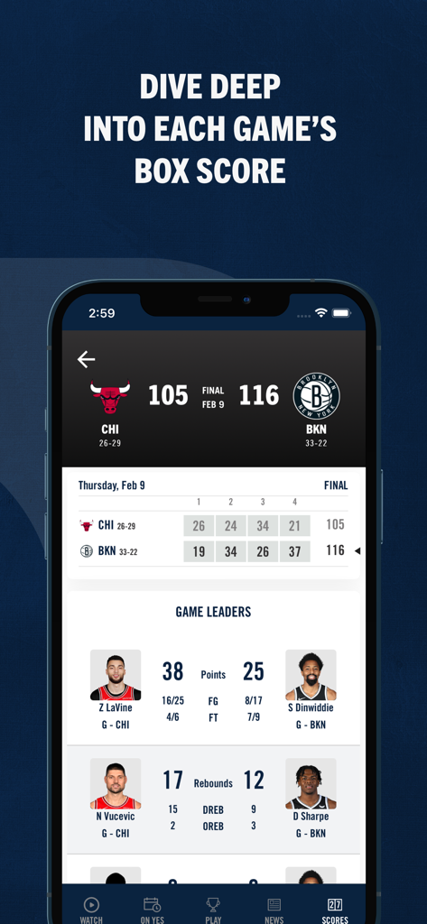 YES Network - YES Network app screen showing a detailed basketball box score with team points and individual player stats
