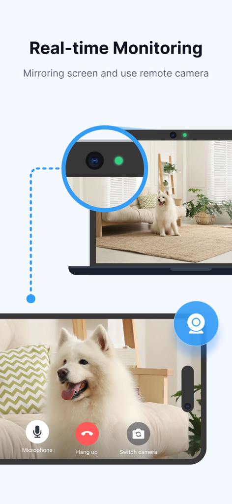 Real-time monitoring feature on DeskIn app showing remote camera access and screen mirroring from a laptop to a mobile phone.