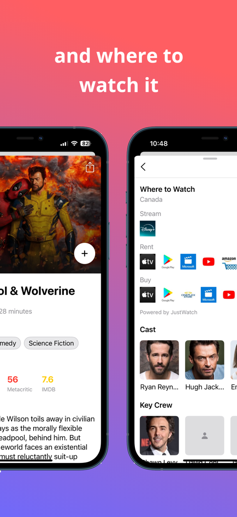 Binge List - Binge List app showing streaming availability and cast details for movies