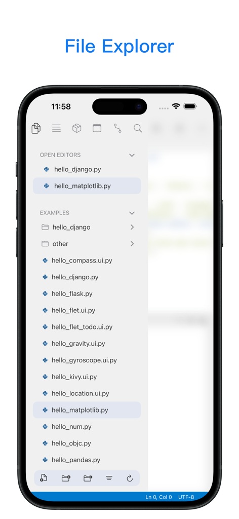 Python3IDE - Python3IDE mobile app file explorer showing open scripts and python code examples