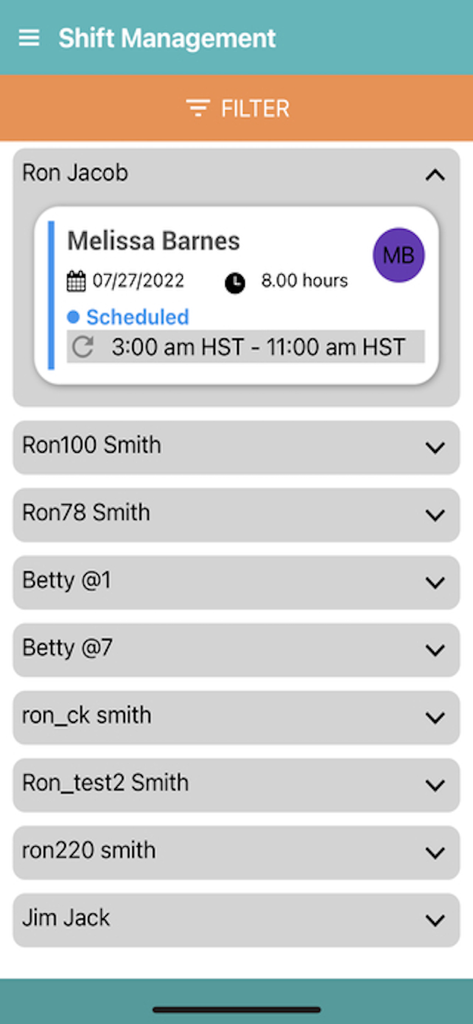 WellSky Personal Care app shift management screen displaying caregiver schedules