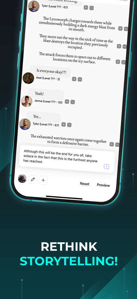 ChattyFic - Chat Storytelling - A mobile interface for the ChattyFic app showing a chat-based storytelling dialogue with character avatars and narrative text.