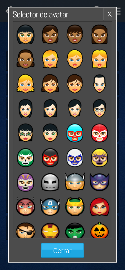Menú de selección de avatar en la aplicación del juego de cartas La Escoba con varios iconos de personajes y máscaras de luchador