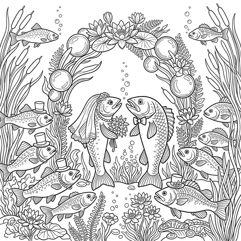 Witness an extraordinary underwater wedding with this charming River Fish Wedding coloring page. Dive into a whimsical world where finned creatures exchange vows amidst beautiful aquatic flora.