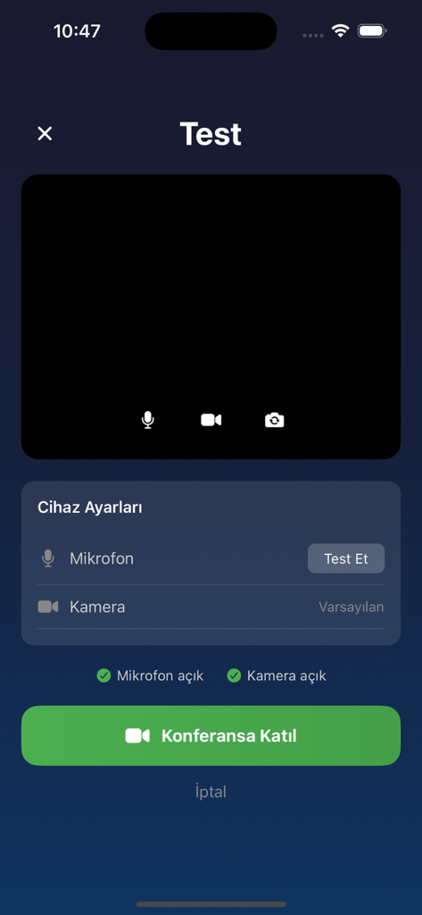 HisseChat - HisseChat video conference test screen showing camera and microphone settings before joining a meeting