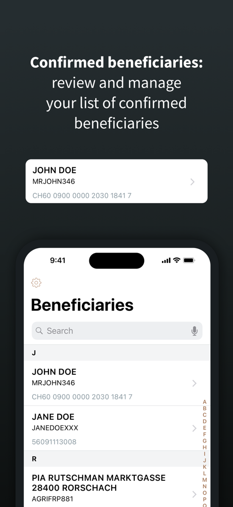 Un écran de l'application EFG Banking montrant la liste des bénéficiaires confirmés pour des paiements sécurisés et une gestion facile.