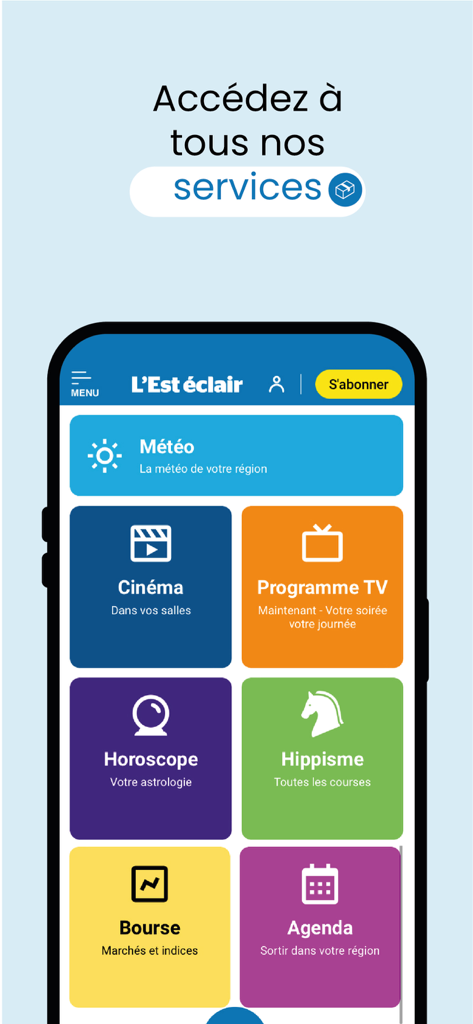 Mobile screen of the L'Est éclair app displaying a colorful grid of local services including weather, cinema, and horoscopes