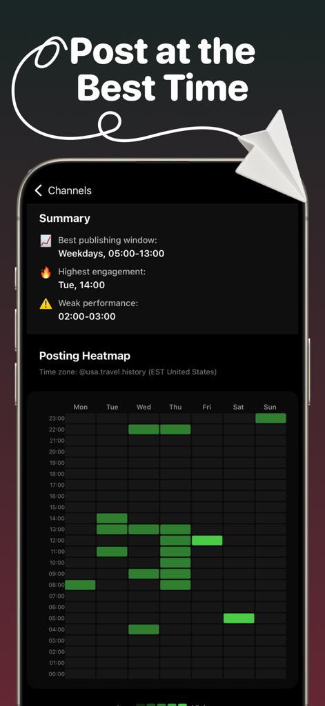 Trendsee: Go Viral - Trendsee app dashboard showing the best times to post for highest engagement with a posting heatmap