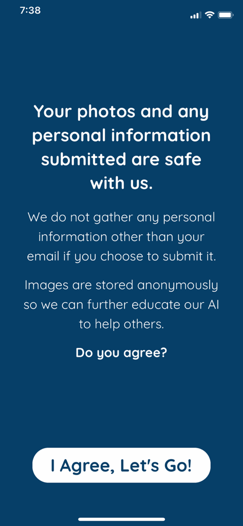 Dermos - Privacy and data safety consent screen for the Dermos medical app explaining anonymous data usage for AI training.