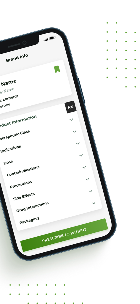 Schermata dello smartphone che mostra le informazioni sui farmaci e il pulsante per prescrivere al paziente nell'app PPD Clinic.