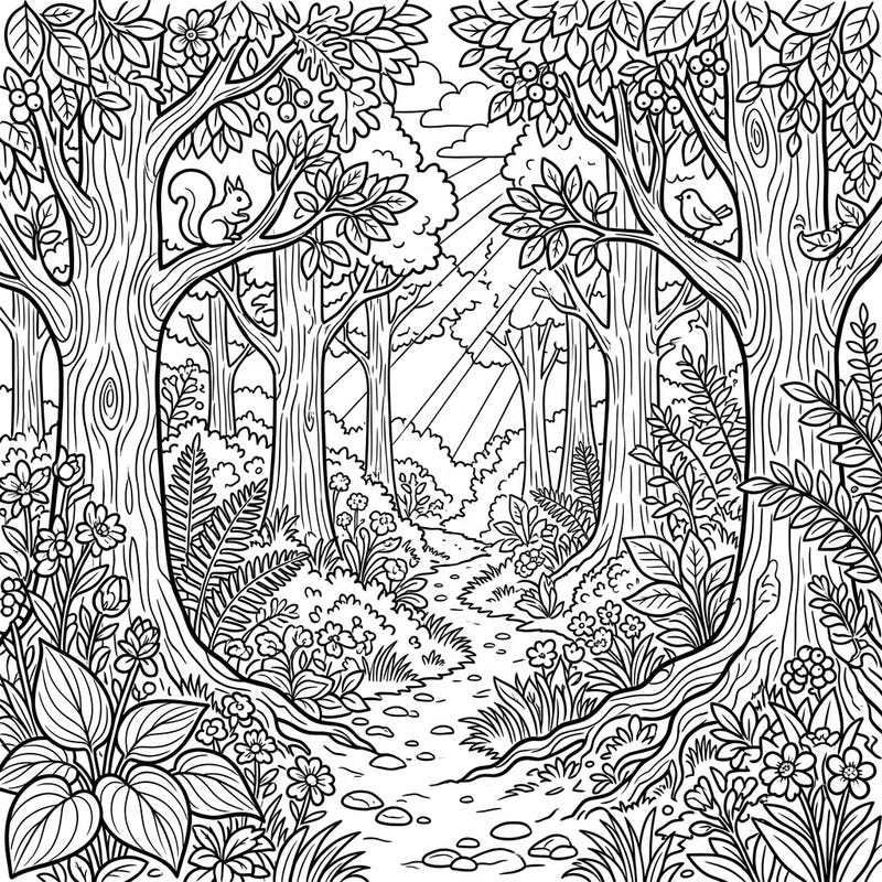 Discover the tranquility of a summer forest with this beautifully designed coloring page. Crafted with clear outlines and mature themes, it's perfect for seniors seeking a relaxing and engaging artistic activity.
