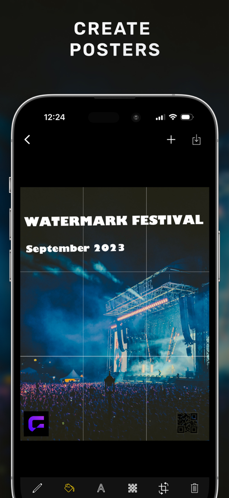 Watermark・Add Text on Photo - Interfaz de una aplicación móvil mostrando un póster de concierto con texto personalizado y marcas de agua con código QR