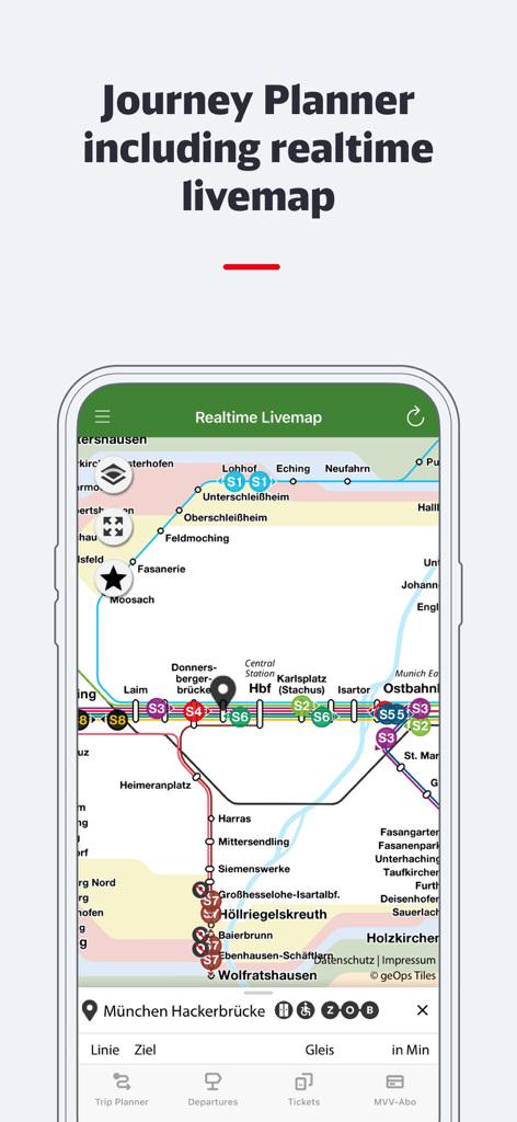 München Navigator - Echtzeit-Verkehrskarte in der München Navigator App, die S-Bahn-Linien in München anzeigt