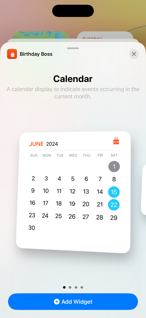 Birthday Boss - Vista previa del widget de calendario de Birthday Boss para la pantalla de inicio de un iPhone que muestra los próximos eventos en junio de 2024