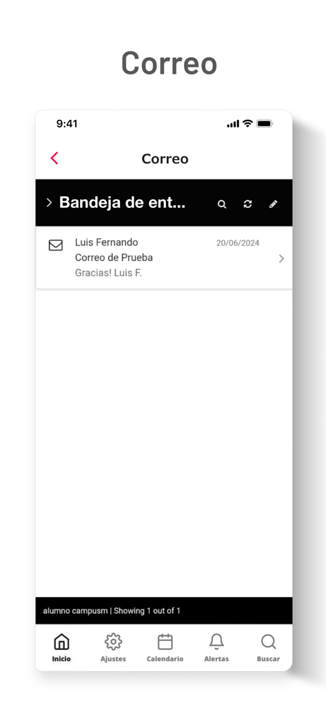 Sise Móvil - Interface do aplicativo Sise Movil mostrando a caixa de entrada de e-mail do estudante com uma lista de mensagens.