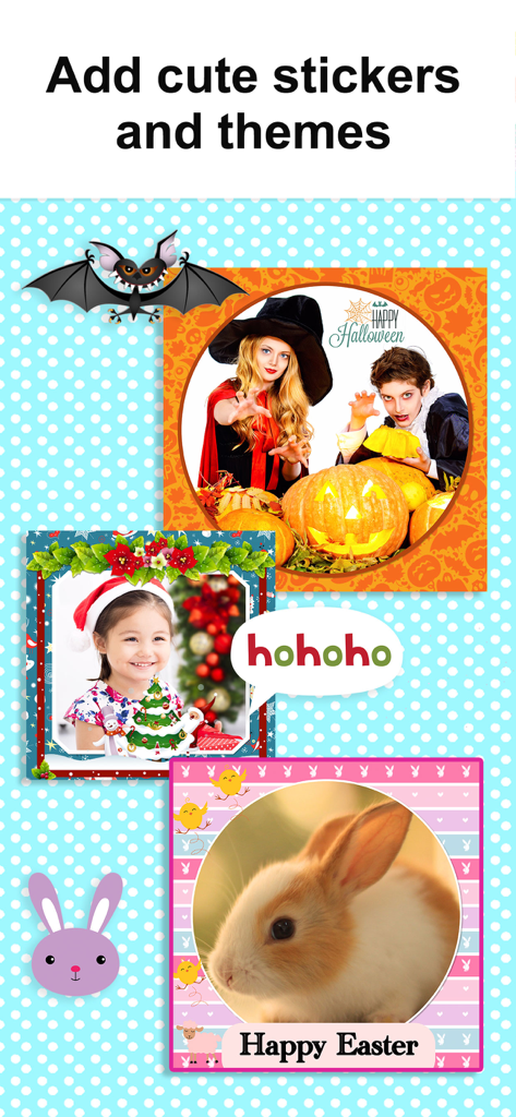 Photo Collage Montage Maker - Ejemplos de collages de fotos con pegatinas y marcos temáticos de Halloween, Navidad y Pascua.