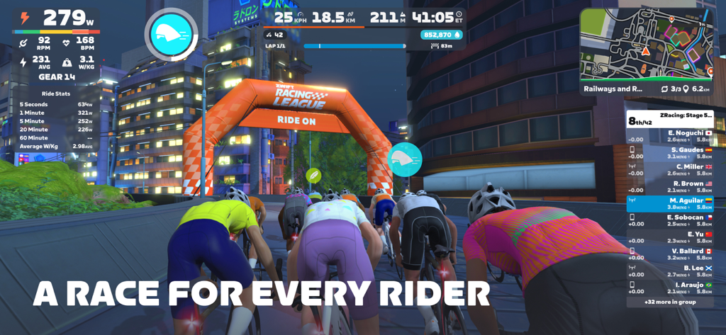 Zwift: Indoor Cycling Fitness - A group of avatars competing in a virtual cycling race with real time performance metrics displayed on screen