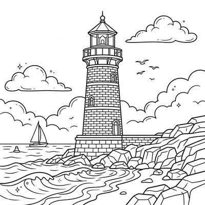 Set sail on a creative journey with this delightful brick lighthouse coloring page, designed especially for kids aged 4-8. Featuring a sturdy lighthouse, rolling waves, and playful seagulls, it's perfect for a relaxing and imaginative coloring session.