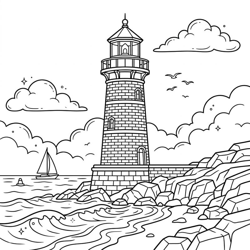 Set sail on a creative journey with this delightful brick lighthouse coloring page, designed especially for kids aged 4-8. Featuring a sturdy lighthouse, rolling waves, and playful seagulls, it's perfect for a relaxing and imaginative coloring session.