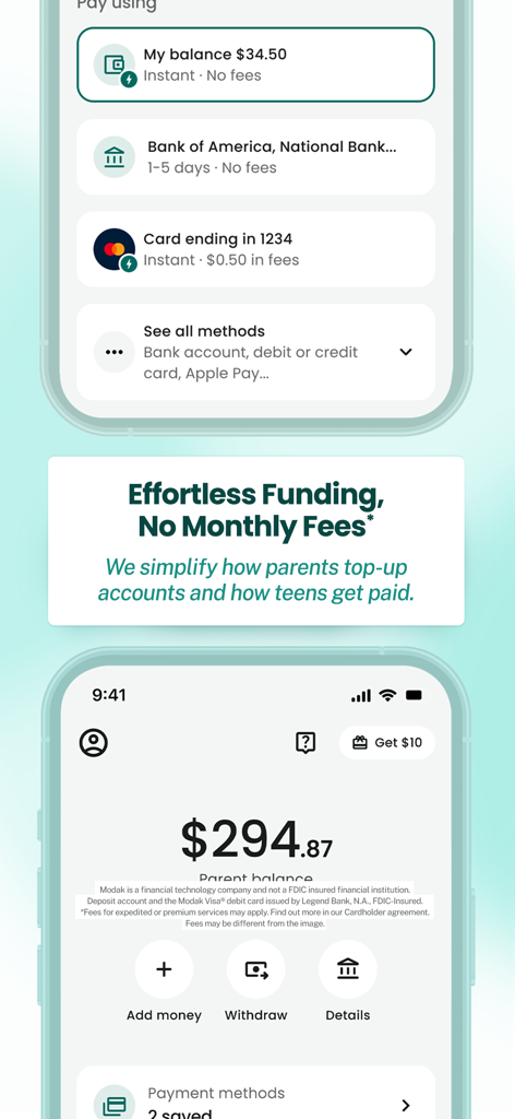 Modak app interface displaying parent balance and various payment methods for funding accounts