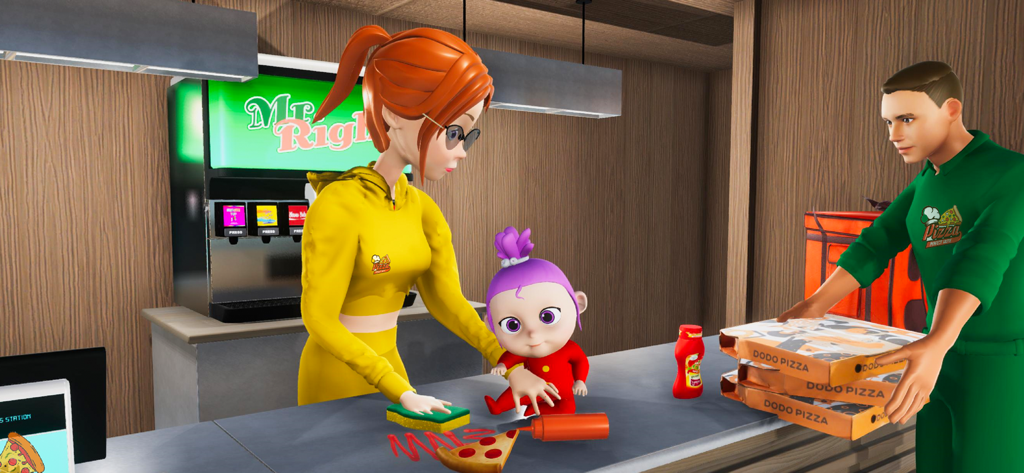 Mother Life Simulator Games - Una madre virtual limpiando un mostrador mientras un repartidor trae cajas de pizza en un juego de simulación 3D.