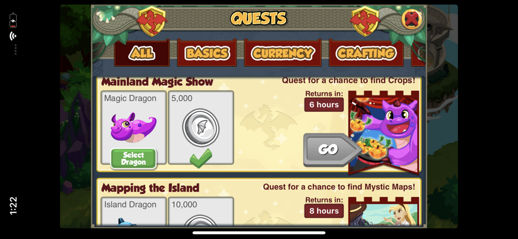 Dragon Story™ - Quest selection menu in Dragon Story showing mission requirements and rewards for different dragons