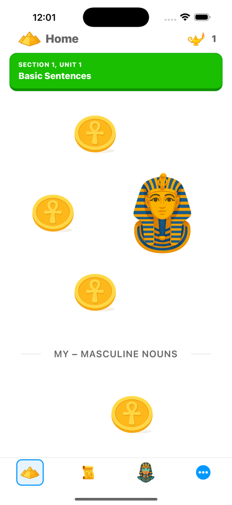 KMA – Learn Egyptian Arabic - Home screen of the KMA app showing basic sentences unit with Egyptian themed icons and progress path.