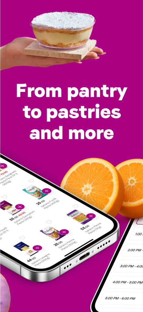 Breadfast mobile app interface showing grocery items like pasta and fresh pastries for home delivery