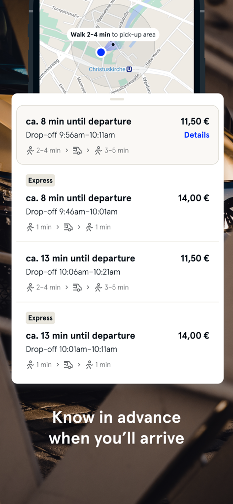 MOIA - MOIA app interface showing various ride booking options with prices and estimated arrival times.