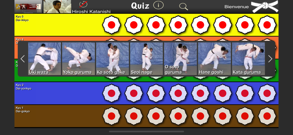 Pantalla de cuestionario de la aplicación Judo Gokyo que muestra niveles de cinturón y varias técnicas de lanzamiento de judo