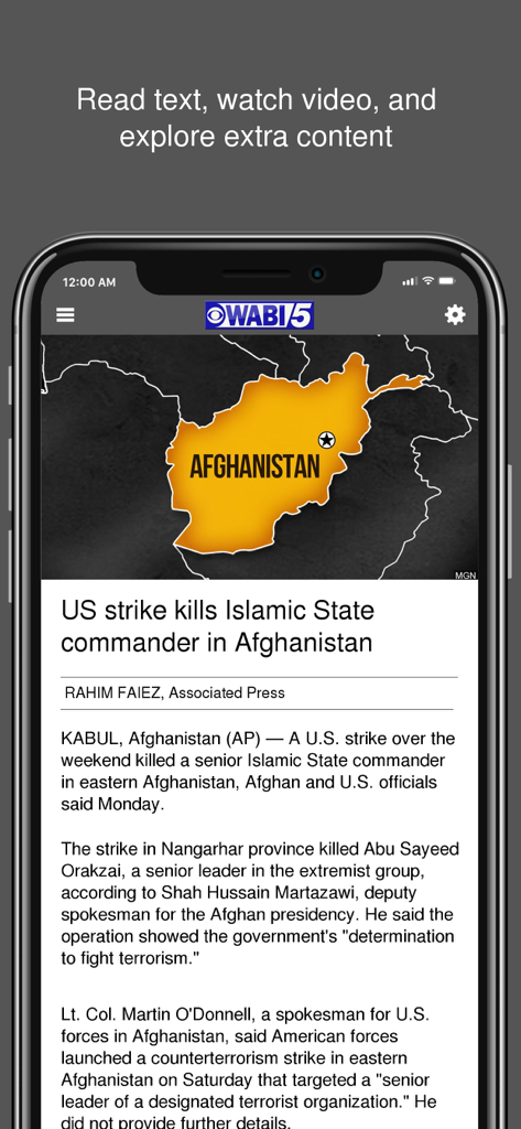 WABI 5 - WABI 5 mobile app interface showing a news article with a map and text