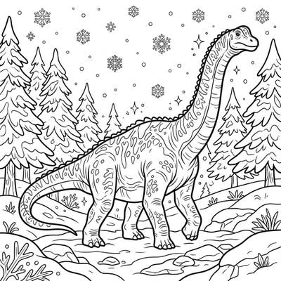Journey back in time and into a frosty landscape with this unique Alamosaurus winter coloring page. Unleash your creativity as you bring this majestic dinosaur and its snowy surroundings to life with vibrant colors.