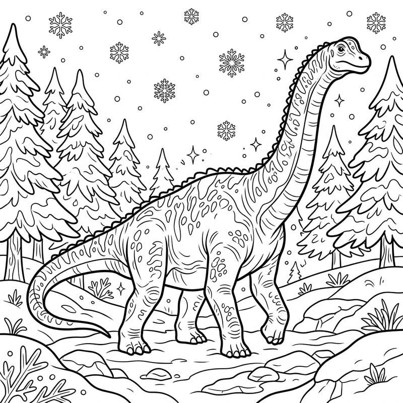 Journey back in time and into a frosty landscape with this unique Alamosaurus winter coloring page. Unleash your creativity as you bring this majestic dinosaur and its snowy surroundings to life with vibrant colors.