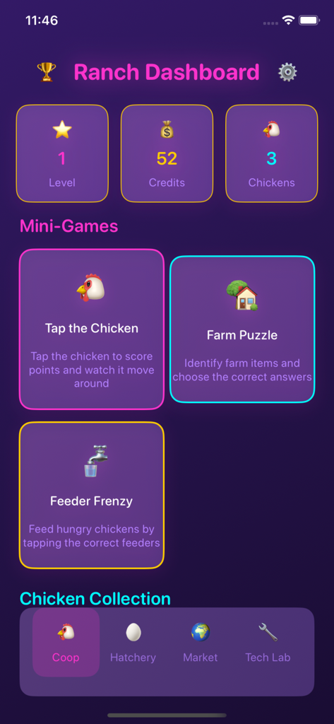 La pantalla del Panel de control del rancho de la aplicación Nest Stories que presenta minijuegos y estadísticas de la granja.