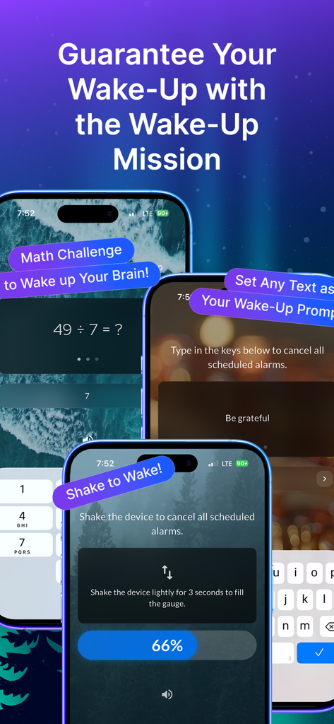 Sleepscape: Sleep Aid Alarm - Sleepscapeアプリ画面。数学チャレンジ、タイピングプロンプト、デバイスのシェイクでアラームを停止するなどのさまざまなモーニングミッションを示しています。