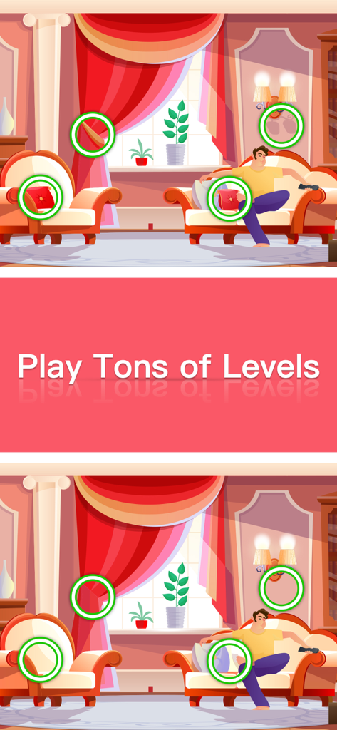 Differences - Find All Diff - Gameplay screenshot of a spot the difference puzzle game showing two cartoon living room scenes with five differences highlighted in green circles.