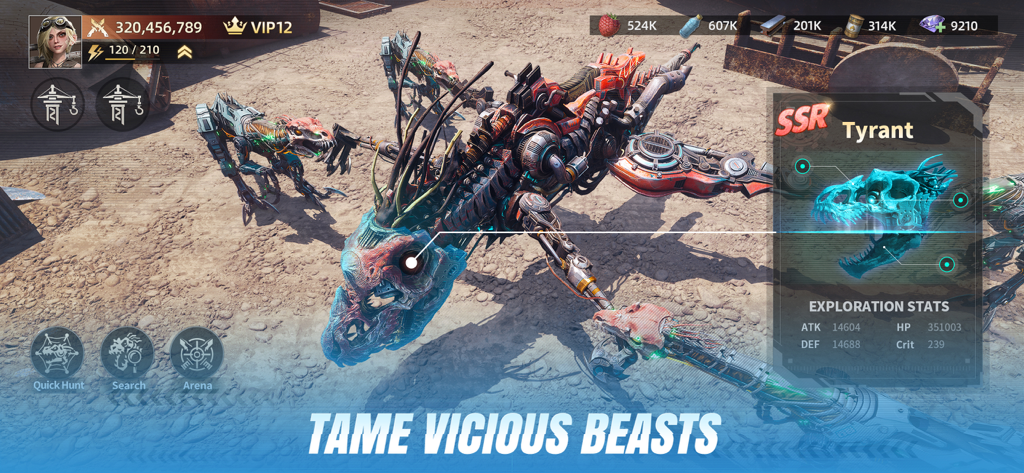 Game interface of Mecha Domination Rampage showing a mechanical SSR Tyrant beast in a wasteland