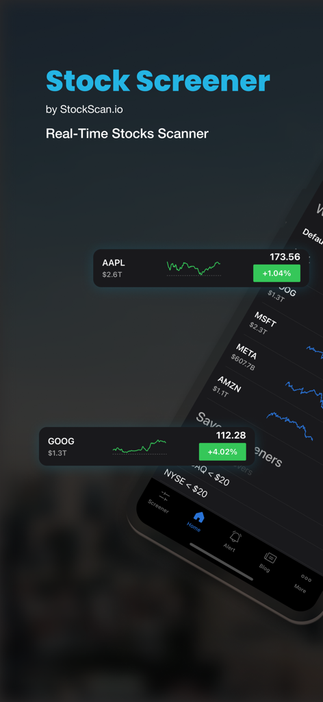Interface do aplicativo de scanner de ações em tempo real com widgets de preço de ações AAPL e GOOG