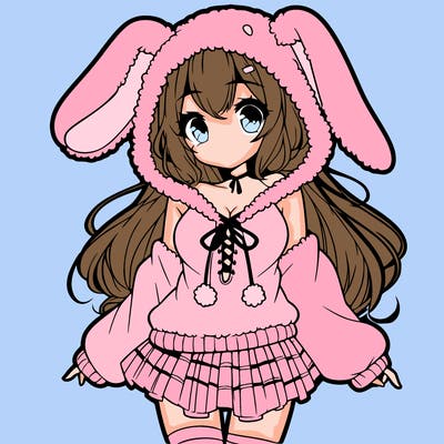pretty anime girl wearing a fluffy hoodie with bunny ears on the hood and a skirt