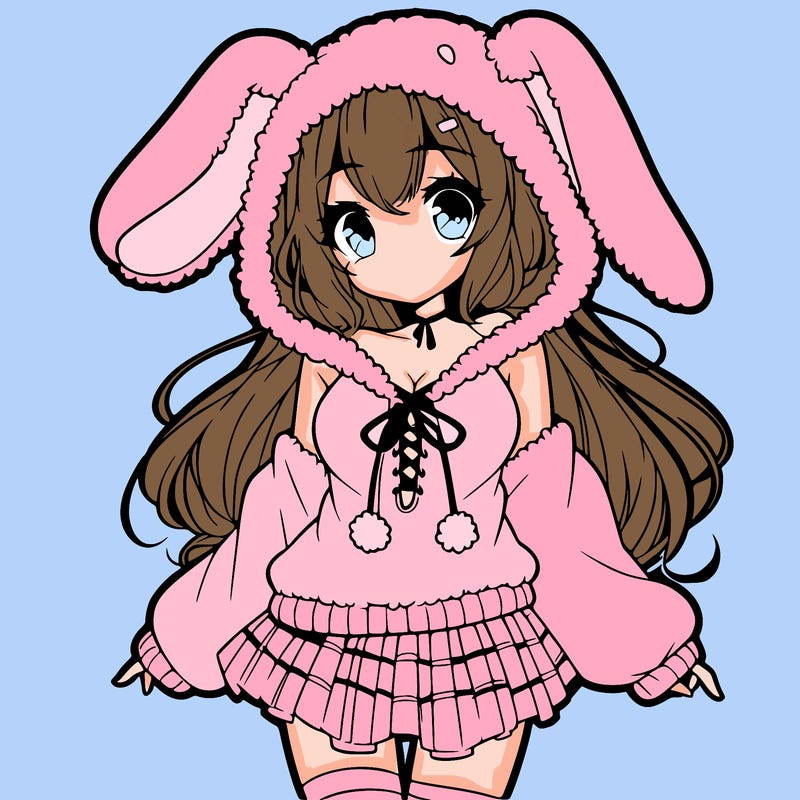 pretty anime girl wearing a fluffy hoodie with bunny ears on the hood and a skirt