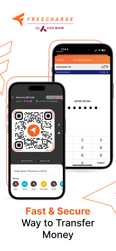 Two smartphone screens showing the Freecharge app interface for scanning QR codes and entering a UPI PIN for secure money transfers.