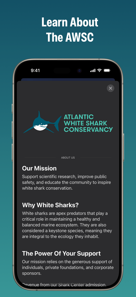 Sharktivity by AWSC - Informational screen of the Sharktivity app showing the Atlantic White Shark Conservancy mission and conservation details.