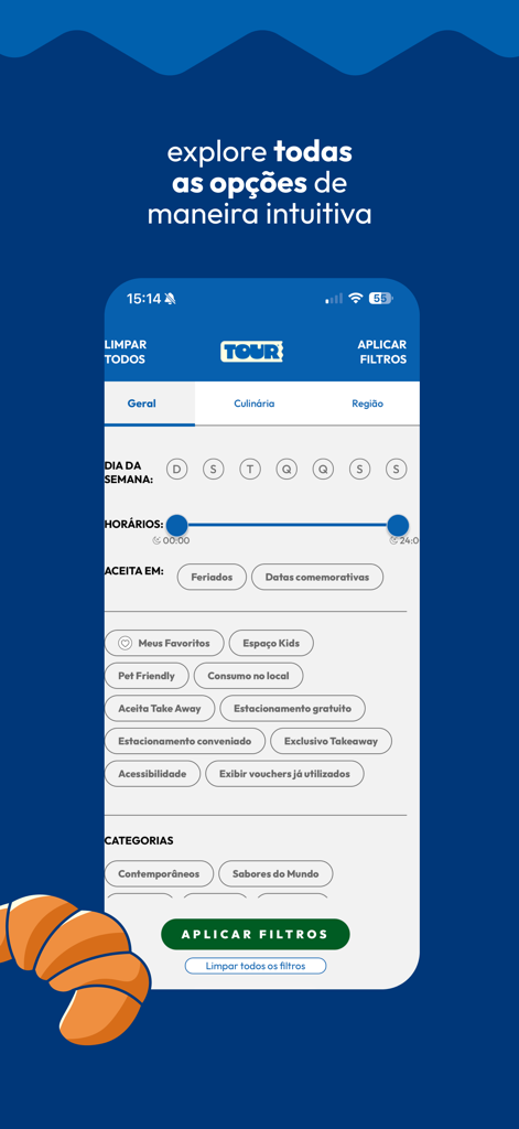Search filter screen in the Tour Grande POA mobile app showing various dining options and lifestyle preferences