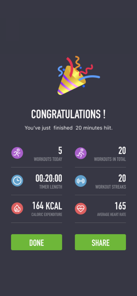 Interval Timer ++ - Workout completion screen in Interval Timer app showing stats for a twenty minute HIIT session