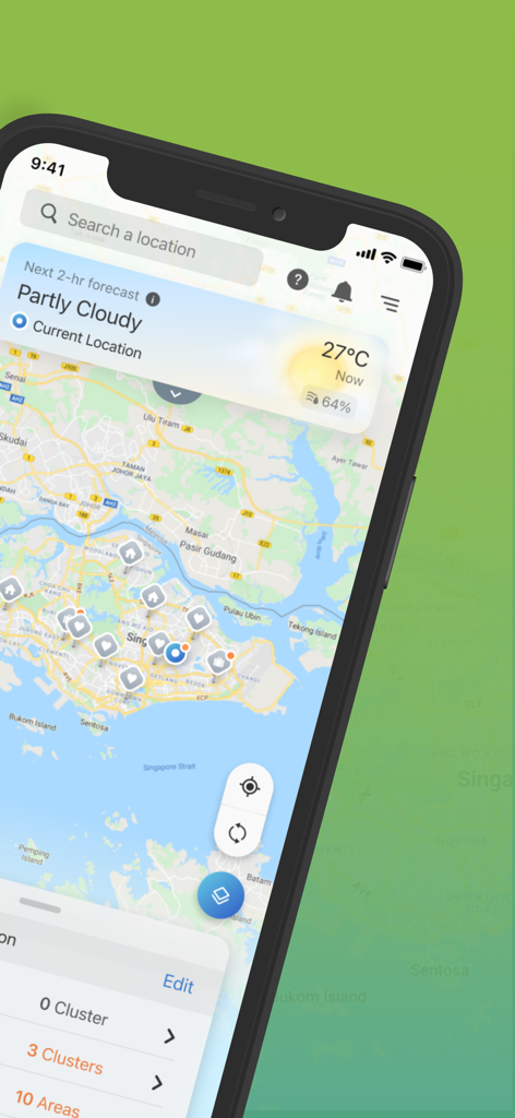 The myENV app interface showing a map of Singapore with weather forecast and environmental alert clusters