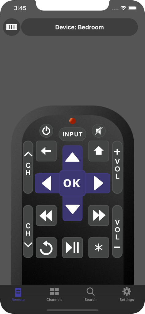 Widget Remote for Roku - Interfaz de la aplicación Widget Remote para Roku mostrando un control remoto digital con pad direccional y botones de volumen en un iPhone.