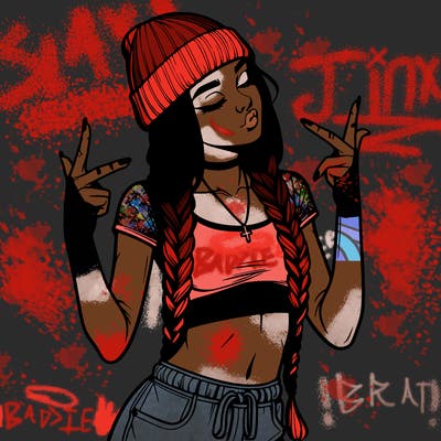 realistic teenage girl with braids and a beanie and crop top doing 🫶🏼